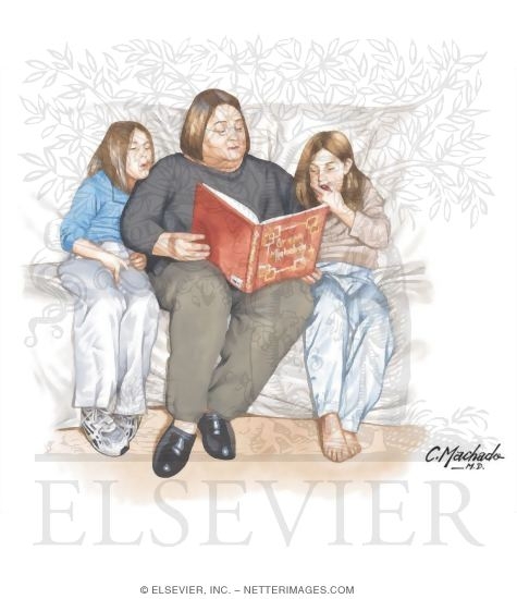 Watermarked preview of unlabeled image: Overweight Woman Reading to Teens