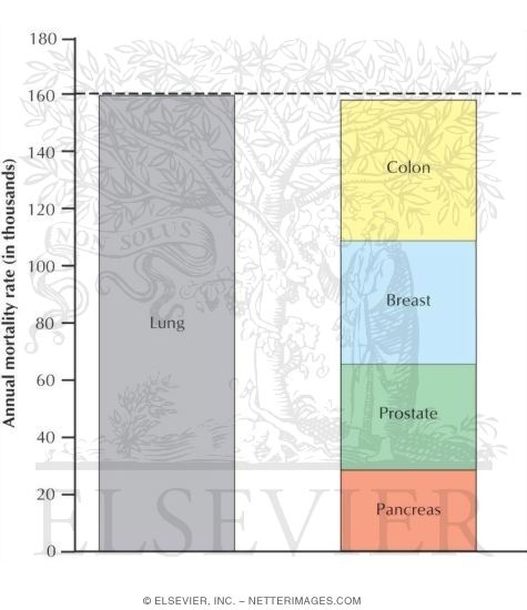 Watermarked preview of unlabeled image: Annual Mortality Rate In Oncologic Disorders (in Thousands)